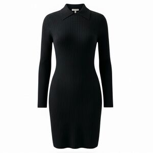 St. John Black Collared Wide Ribbed Long Sleeve Knit Dress Size Small